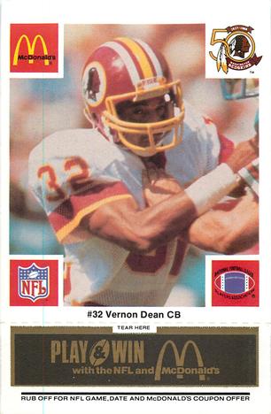1986 McDonald's Washington Redskins - Full Game Pieces - Week 2 Black/Gray Tab #NNO Vernon Dean Front