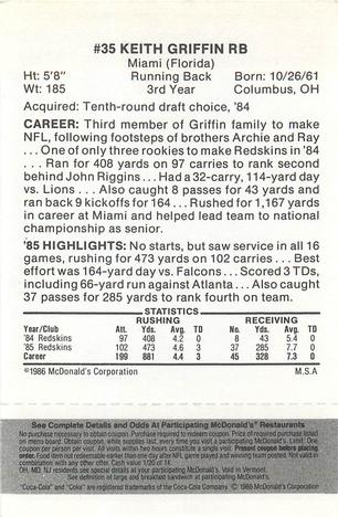 1986 McDonald's Washington Redskins - Full Game Pieces - Week 2 Black/Gray Tab #NNO Keith Griffin Back