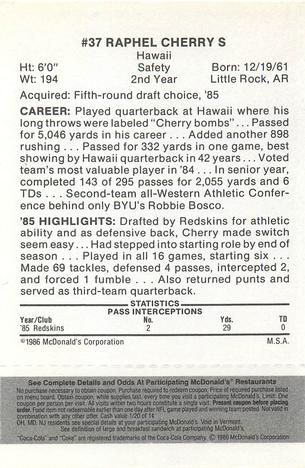 1986 McDonald's Washington Redskins - Full Game Pieces - Week 2 Black/Gray Tab #NNO Raphel Cherry Back