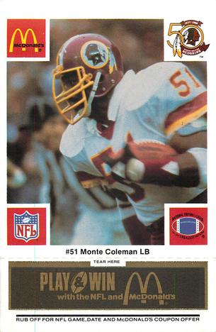 1986 McDonald's Washington Redskins - Full Game Pieces - Week 2 Black/Gray Tab #NNO Monte Coleman Front
