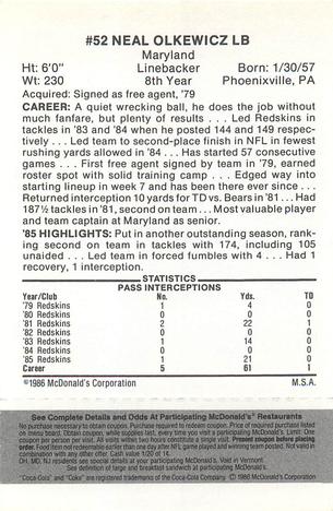 1986 McDonald's Washington Redskins - Full Game Pieces - Week 2 Black/Gray Tab #NNO Neal Olkewicz Back