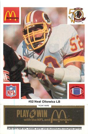 1986 McDonald's Washington Redskins - Full Game Pieces - Week 2 Black/Gray Tab #NNO Neal Olkewicz Front