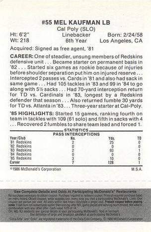 1986 McDonald's Washington Redskins - Full Game Pieces - Week 2 Black/Gray Tab #NNO Mel Kaufman Back