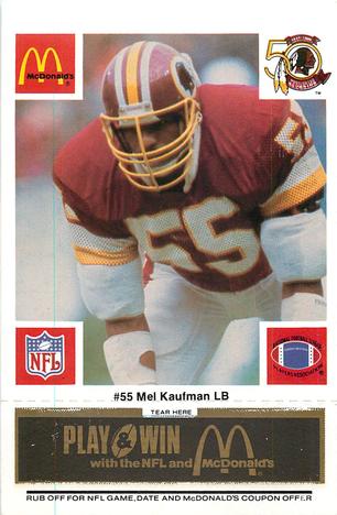 1986 McDonald's Washington Redskins - Full Game Pieces - Week 2 Black/Gray Tab #NNO Mel Kaufman Front