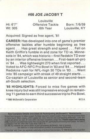 1986 McDonald's Washington Redskins - Full Game Pieces - Week 2 Black/Gray Tab #NNO Joe Jacoby Back