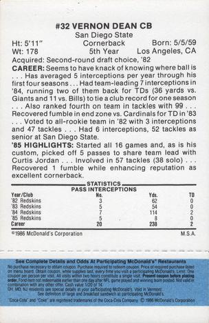 1986 McDonald's Washington Redskins - Full Game Pieces - Week 1 Blue Tab #NNO Vernon Dean Back
