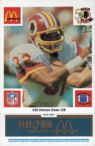 1986 McDonald's Washington Redskins - Full Game Pieces - Week 1 Blue Tab #NNO Vernon Dean Front