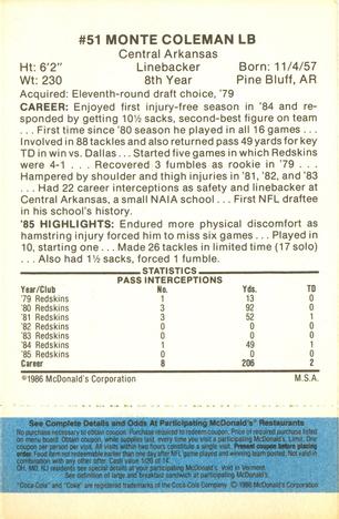 1986 McDonald's Washington Redskins - Full Game Pieces - Week 1 Blue Tab #NNO Monte Coleman Back