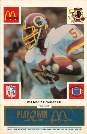 1986 McDonald's Washington Redskins - Full Game Pieces - Week 1 Blue Tab #NNO Monte Coleman Front
