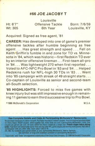 1986 McDonald's Washington Redskins - Full Game Pieces - Week 1 Blue Tab #NNO Joe Jacoby Back