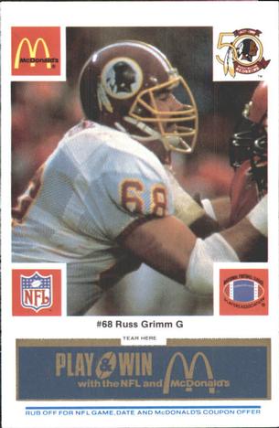1986 McDonald's Washington Redskins - Full Game Pieces - Week 1 Blue Tab #NNO Russ Grimm Front