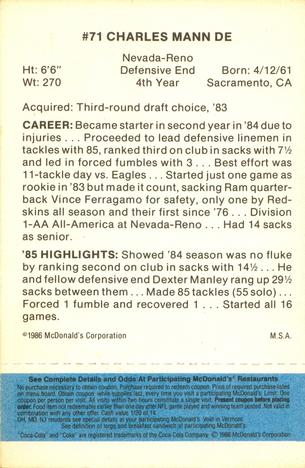 1986 McDonald's Washington Redskins - Full Game Pieces - Week 1 Blue Tab #NNO Charles Mann Back