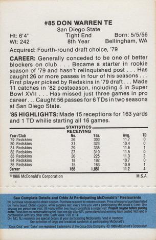 1986 McDonald's Washington Redskins - Full Game Pieces - Week 1 Blue Tab #NNO Don Warren Back