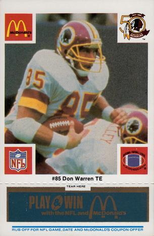 1986 McDonald's Washington Redskins - Full Game Pieces - Week 1 Blue Tab #NNO Don Warren Front