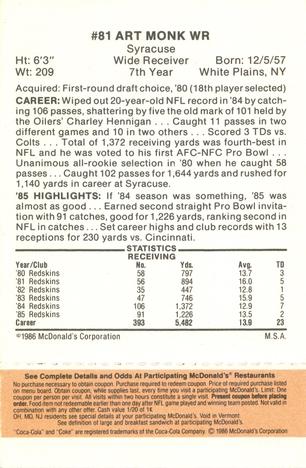 1986 McDonald's Washington Redskins - Full Game Pieces - Week 3 Gold/Orange Tab #NNO Art Monk Back