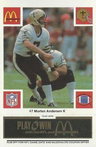 1986 McDonald's New Orleans Saints - Full Game Pieces - Week 2 Black/Gray Tab #NNO Morten Andersen Front