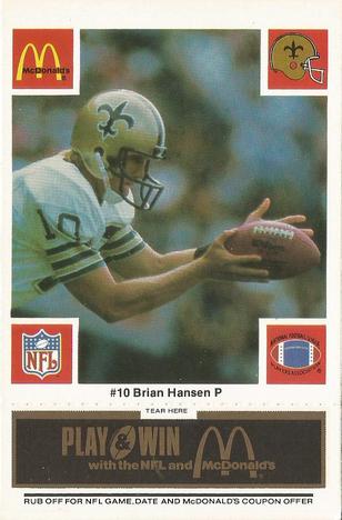 1986 McDonald's New Orleans Saints - Full Game Pieces - Week 2 Black/Gray Tab #NNO Brian Hansen Front
