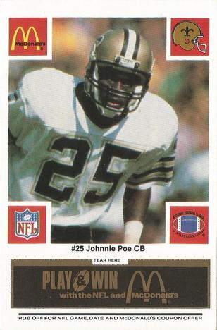 1986 McDonald's New Orleans Saints - Full Game Pieces - Week 2 Black/Gray Tab #NNO Johnnie Poe Front