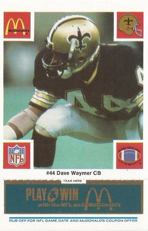 1986 McDonald's New Orleans Saints - Full Game Pieces - Week 1 Blue Tab #NNO Dave Waymer Front