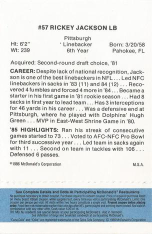 1986 McDonald's New Orleans Saints - Full Game Pieces - Week 1 Blue Tab #NNO Rickey Jackson Back