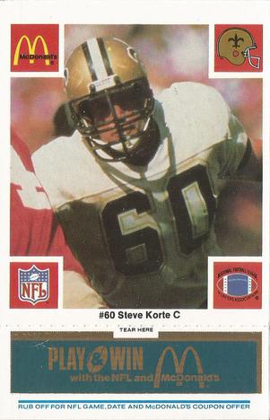 1986 McDonald's New Orleans Saints - Full Game Pieces - Week 1 Blue Tab #NNO Steve Korte Front