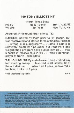 1986 McDonald's New Orleans Saints - Full Game Pieces - Week 1 Blue Tab #NNO Tony Elliott Back