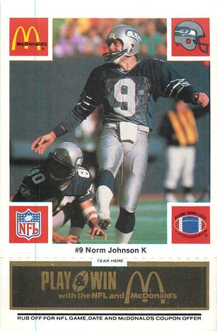 1986 McDonald's Seattle Seahawks - Full Game Pieces - Week 2 Black/Gray Tab #NNO Norm Johnson Front