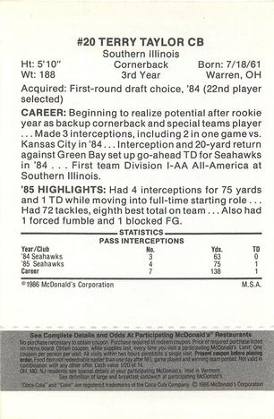 1986 McDonald's Seattle Seahawks - Full Game Pieces - Week 2 Black/Gray Tab #NNO Terry Taylor Back