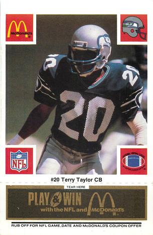 1986 McDonald's Seattle Seahawks - Full Game Pieces - Week 2 Black/Gray Tab #NNO Terry Taylor Front