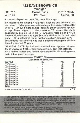 1986 McDonald's Seattle Seahawks - Full Game Pieces - Week 2 Black/Gray Tab #NNO Dave Brown Back