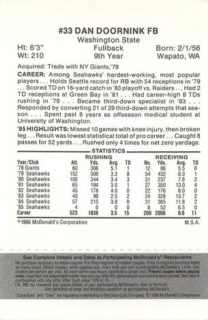 1986 McDonald's Seattle Seahawks - Full Game Pieces - Week 2 Black/Gray Tab #NNO Dan Doornink Back
