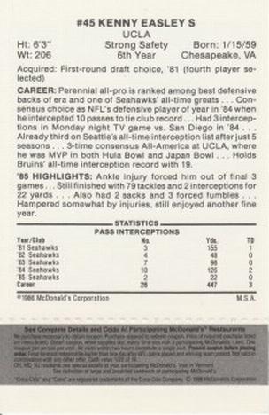 1986 McDonald's Seattle Seahawks - Full Game Pieces - Week 2 Black/Gray Tab #NNO Kenny Easley Back