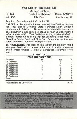 1986 McDonald's Seattle Seahawks - Full Game Pieces - Week 2 Black/Gray Tab #NNO Keith Butler Back