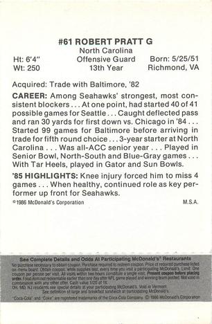 1986 McDonald's Seattle Seahawks - Full Game Pieces - Week 2 Black/Gray Tab #NNO Robert Pratt Back