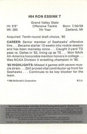 1986 McDonald's Seattle Seahawks - Full Game Pieces - Week 2 Black/Gray Tab #NNO Ron Essink Back