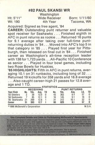 1986 McDonald's Seattle Seahawks - Full Game Pieces - Week 2 Black/Gray Tab #NNO Paul Skansi Back