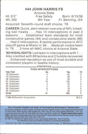 1986 McDonald's Seattle Seahawks - Full Game Pieces - Week 1 Blue Tab #NNO John Harris Back