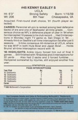 1986 McDonald's Seattle Seahawks - Full Game Pieces - Week 1 Blue Tab #NNO Kenny Easley Back