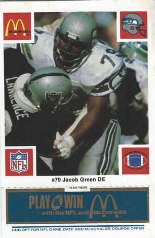 1986 McDonald's Seattle Seahawks - Full Game Pieces - Week 1 Blue Tab #NNO Jacob Green Front