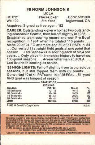 1986 McDonald's Seattle Seahawks - Full Game Pieces - Week 3 Gold/Orange Tab #NNO Norm Johnson Back