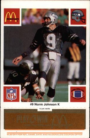 1986 McDonald's Seattle Seahawks - Full Game Pieces - Week 3 Gold/Orange Tab #NNO Norm Johnson Front