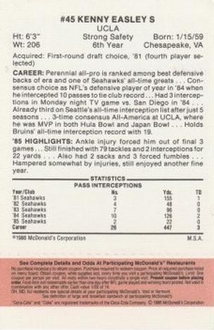 1986 McDonald's Seattle Seahawks - Full Game Pieces - Week 3 Gold/Orange Tab #NNO Kenny Easley Back