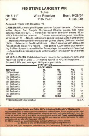 1986 McDonald's Seattle Seahawks - Full Game Pieces - Week 3 Gold/Orange Tab #NNO Steve Largent Back