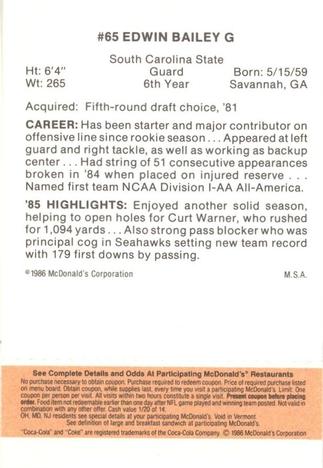 1986 McDonald's Seattle Seahawks - Full Game Pieces - Week 3 Gold/Orange Tab #NNO Edwin Bailey Back