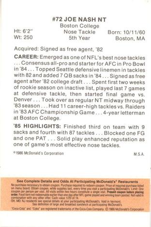 1986 McDonald's Seattle Seahawks - Full Game Pieces - Week 3 Gold/Orange Tab #NNO Joe Nash Back