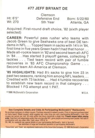 1986 McDonald's Seattle Seahawks - Full Game Pieces - Week 3 Gold/Orange Tab #NNO Jeff Bryant Back