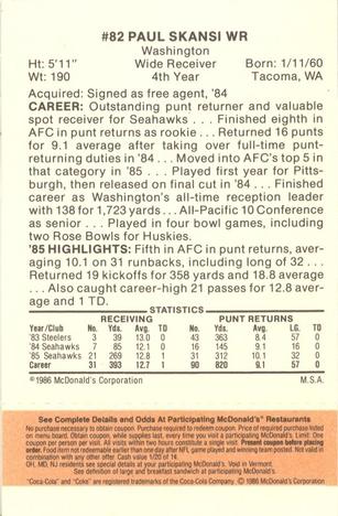 1986 McDonald's Seattle Seahawks - Full Game Pieces - Week 3 Gold/Orange Tab #NNO Paul Skansi Back