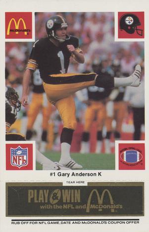 1986 McDonald's Pittsburgh Steelers - Full Game Pieces - Week 2 Black/Gray Tab #NNO Gary Anderson Front