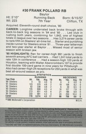 1986 McDonald's Pittsburgh Steelers - Full Game Pieces - Week 2 Black/Gray Tab #NNO Frank Pollard Back