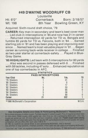 1986 McDonald's Pittsburgh Steelers - Full Game Pieces - Week 2 Black/Gray Tab #NNO Dwayne Woodruff Back